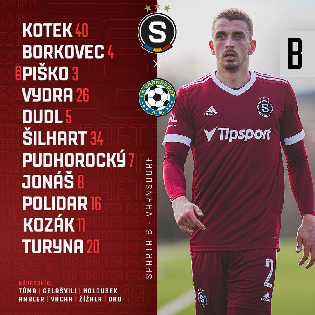 ?️ SESTAVA | V této sestavě nastoupíme proti Varnsdorfu:
Kotek - Borkovec, Piško, Vydra, Dudl - Šilhart, Pudhorocký, Jonáš, Polidar - Kozák, Turyna.

? Zápas vysíláme živě na live.sparta.cz!
#acspartaB